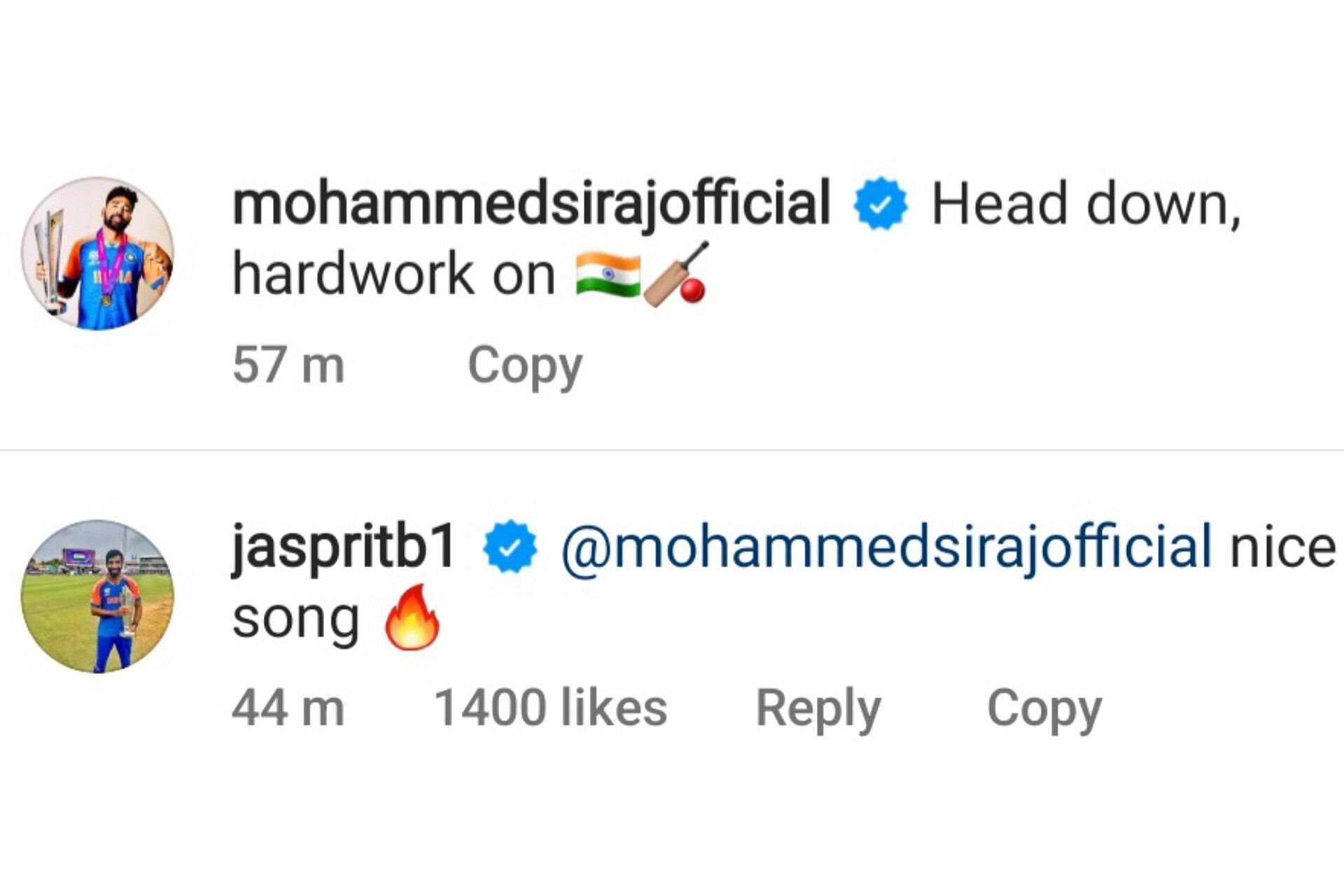 Bumrah's comment on Mohammed Siraj's latest Instagram post (Image via Instagram/@mohammedsirajofficial)